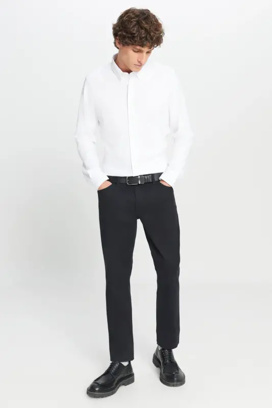 Erkaklar uchun qora rangli slim fit tor kesilgan 5 cho'ntakli paxta kanvas cho'ziluvchan chino shimlari - 5