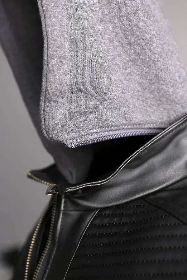 Erkaklar uchun qora rangli tor kesimli kaputli charm ko'ylagi - 6