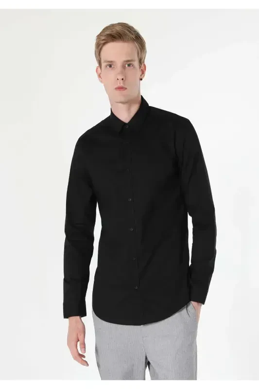 Erkaklar uchun qora rangli uzun yengli Slim Fit ko'ylak - 3