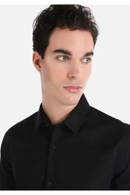 Erkaklar uchun qora rangli uzun yengli Slim Fit ko'ylak - 4