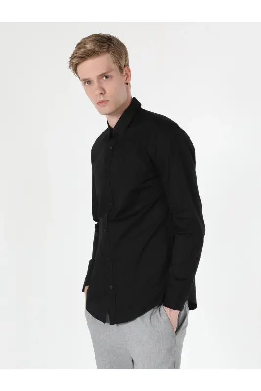 Erkaklar uchun qora rangli uzun yengli Slim Fit ko'ylak - 4