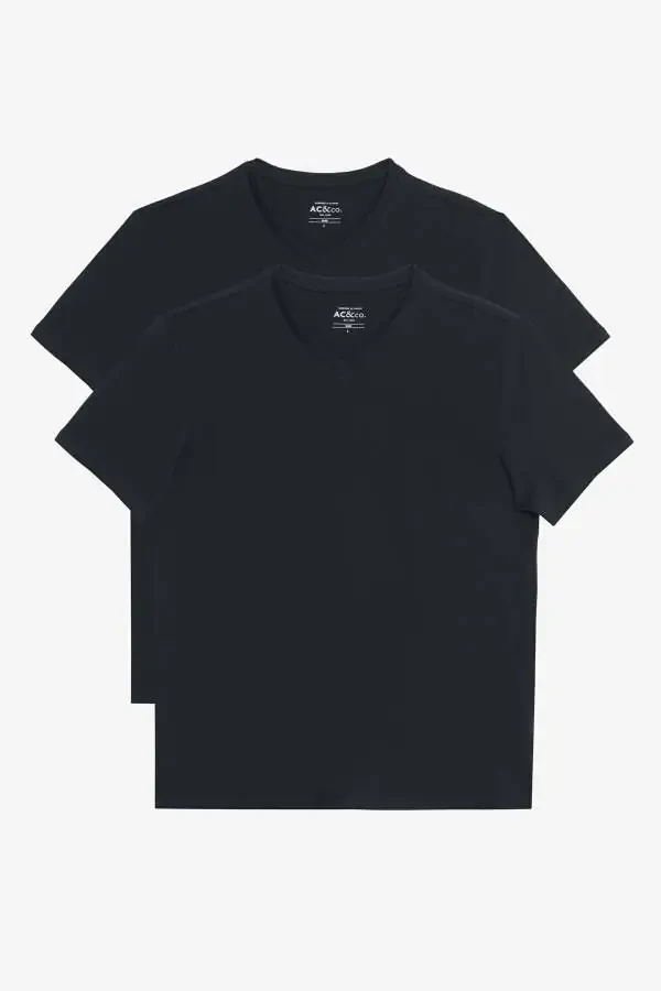 Erkaklar uchun qora rangli, V-yoqali, 100% paxtadan tikilgan, slim fit kesimli ikki dona ko'ylak. - 1