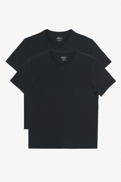 Erkaklar uchun qora rangli, V-yoqali, 100% paxtadan tikilgan, slim fit kesimli ikki dona ko'ylak. 