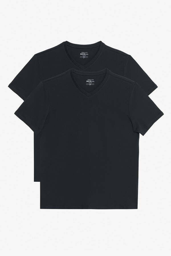 Erkaklar uchun qora rangli, V-yoqali, 100% paxtadan tikilgan, slim fit kesimli ikki dona ko'ylak. - 1