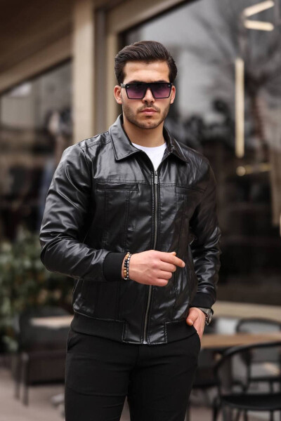 Erkaklar uchun qora Slim Fit uchuvchi charm ko'ylagi - OLIGGOPOL