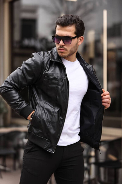 Erkaklar uchun qora Slim Fit uchuvchi charm ko'ylagi - OLIGGOPOL (1)