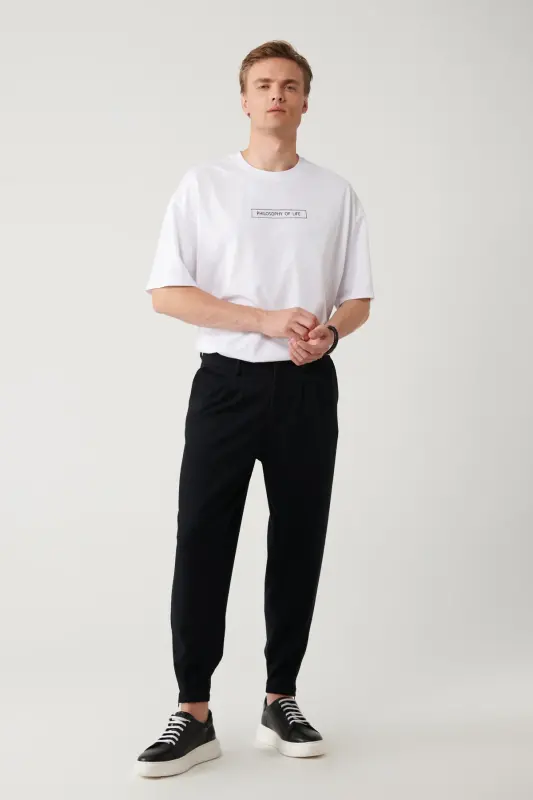 Erkaklar uchun qora Smyrna Baggy Fit shim, klassik bel, burmali trikotaj A41y3075 - AVVA