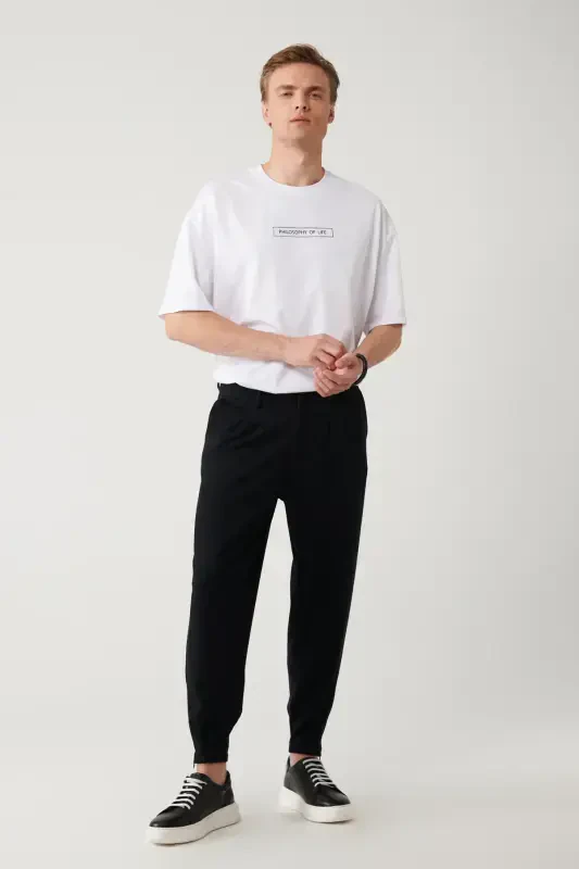 Erkaklar uchun qora Smyrna Baggy Fit shim, klassik bel, burmali trikotaj A41y3075 - 1