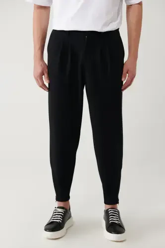 Erkaklar uchun qora Smyrna Baggy Fit shim, klassik bel, burmali trikotaj A41y3075 - 3