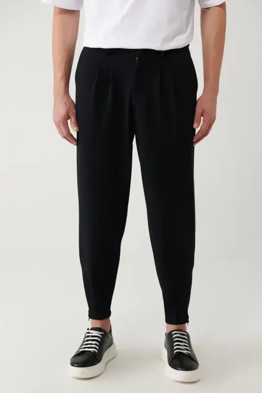 Erkaklar uchun qora Smyrna Baggy Fit shim, klassik bel, burmali trikotaj A41y3075 - 3