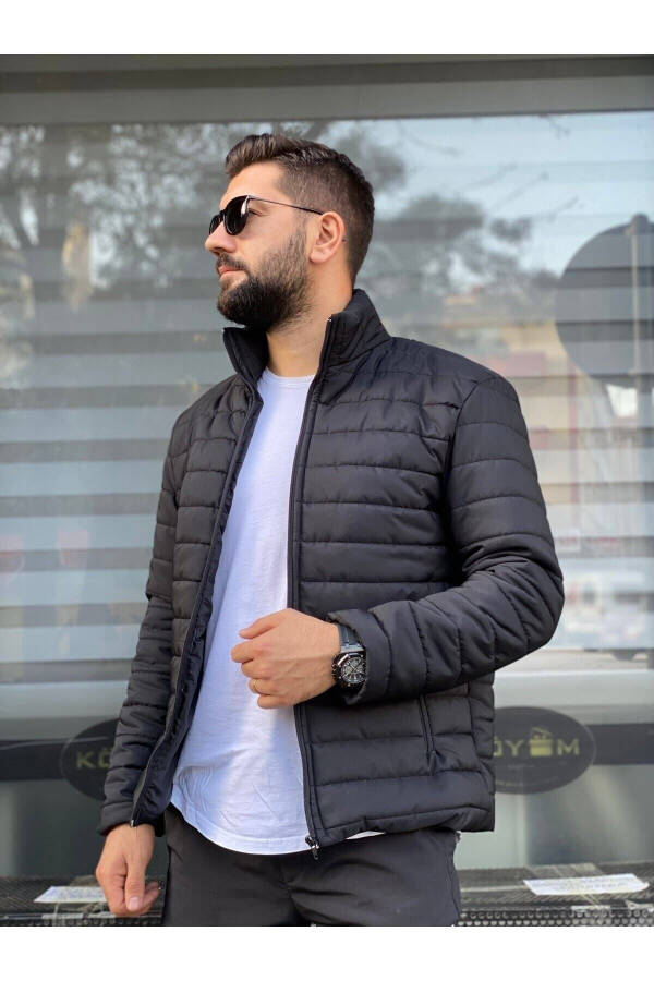 Erkaklar uchun qora suv o'tkazmaydigan fermuarli Slimfit ichki cho'ntakli puf palto - 7