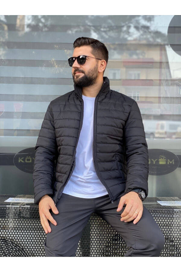 Erkaklar uchun qora suv o'tkazmaydigan fermuarli Slimfit ichki cho'ntakli puf palto - 9