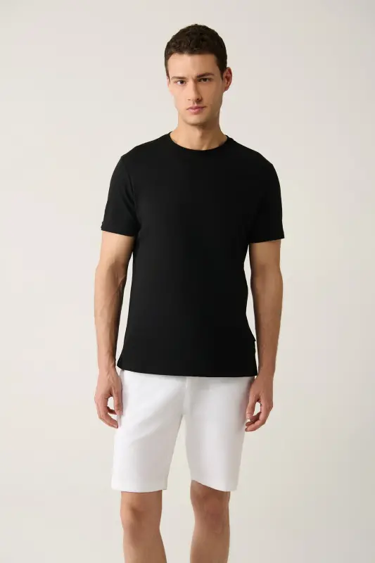 Erkaklar uchun qora T-shirt 100% paxta nafas oladigan dumaloq yoqali Regular Fit E001000 - 1