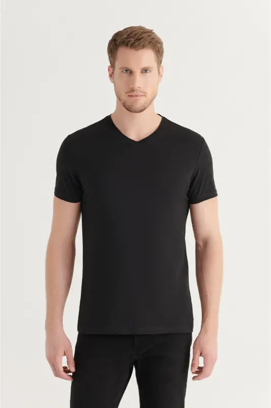 Erkaklar uchun qora T-shirt 100% paxta V-bo'yin Regular Fit E001001 - AVVA