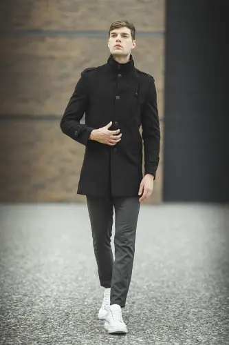 Erkaklar uchun qora tor kesilgan tik yoqali uzun jun aralashgan kashmir paltosi - 5