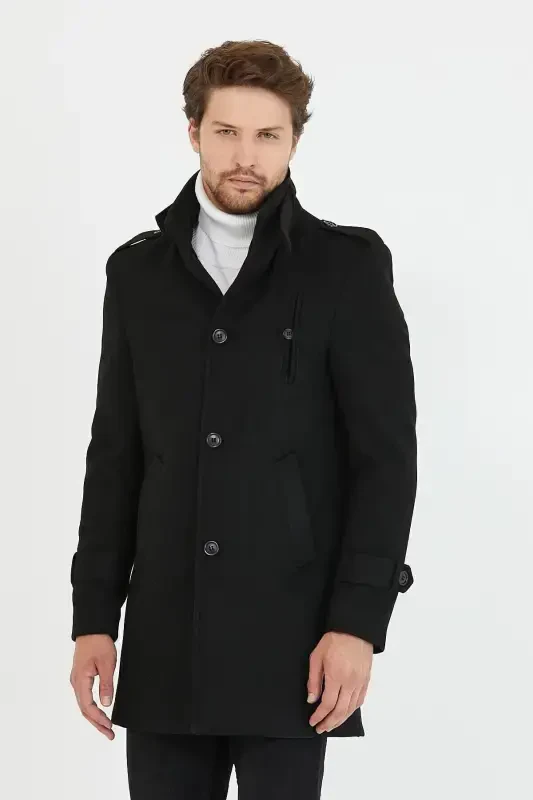 Erkaklar uchun qora tor kesilgan tik yoqali uzun jun aralashmasi kashe paltosi - MERO LIFE