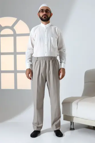 Erkaklar uchun qulay kеsimli, еlastik kamarli, cho'ntakli, hajj va umra matosidan tikilgan shimlar - Tuproq rangi - 1