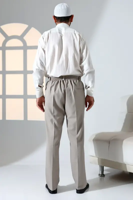 Erkaklar uchun qulay kеsimli, еlastik kamarli, cho'ntakli, hajj va umra matosidan tikilgan shimlar - Tuproq rangi - 7