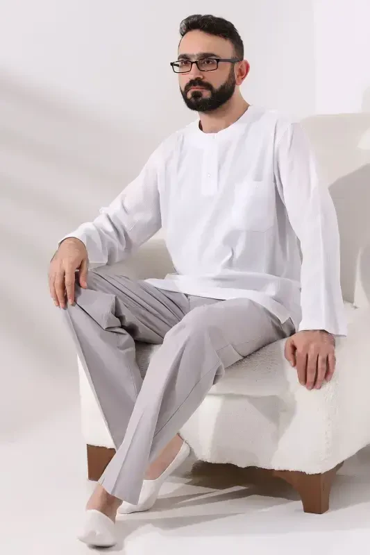 Erkaklar uchun quyuq kulrang, erkin qirqilgan, belbogʻli kتان Hajj va Umrah shimlari - 6