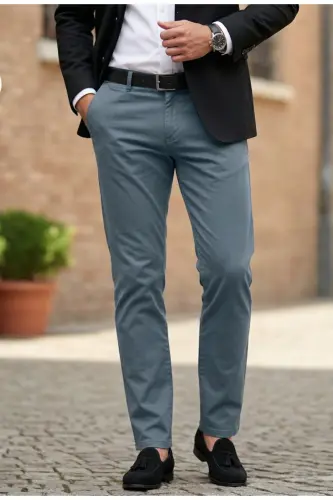 Erkaklar uchun sishavor moviy gabardin paxtali slim fit egiluvchan ofis uslubidagi chino shim - Moviy - 2