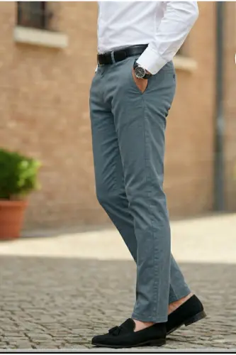 Erkaklar uchun sishavor moviy gabardin paxtali slim fit egiluvchan ofis uslubidagi chino shim - Moviy - 3