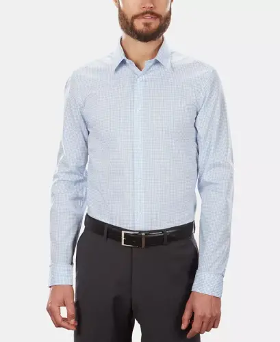 Erkaklar uchun Slim-Fit dazmollanmaydigan, cho'ziluvchan, ko'k katakli ko'ylak - CALVIN KLEIN (1)