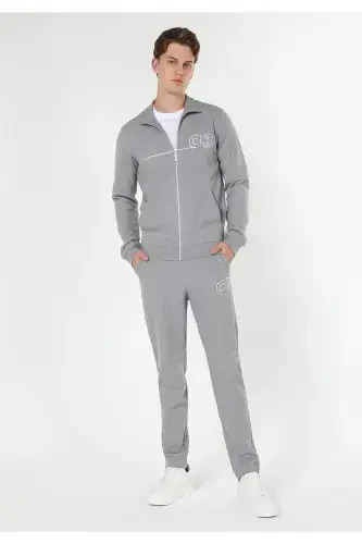 Erkaklar uchun slim fit, fermuarlı, bosilgan, kulrang kurtka (Cl1059647) - 3