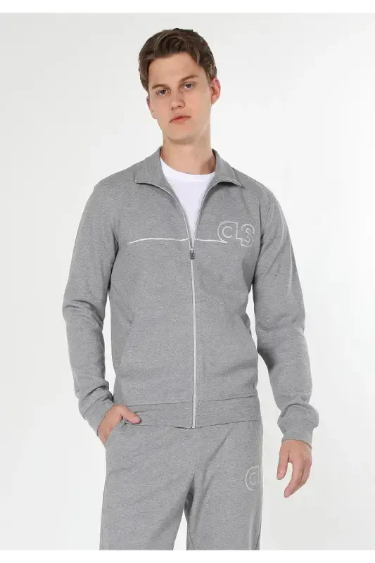 Erkaklar uchun slim fit, fermuarlı, bosilgan, kulrang kurtka (Cl1059647) - 4