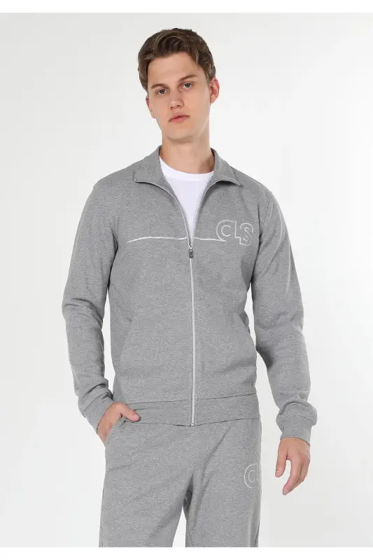 Erkaklar uchun slim fit, fermuarlı, bosilgan, kulrang kurtka (Cl1059647) - 4