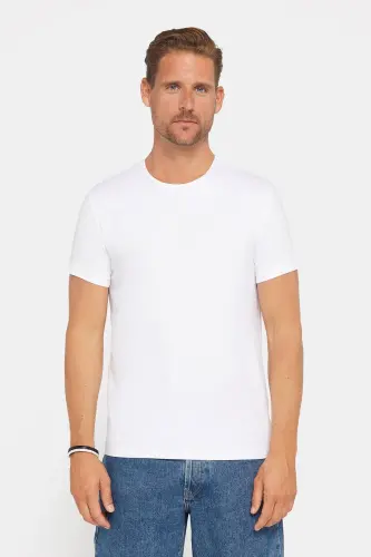 Erkaklar uchun Slim Fit tor kesim paxta yumshoq to'qimalı likrali mato to'qima oddiy asosiy oq bisiklet yoqa T-ko'ylak - 3