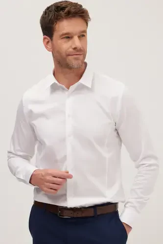 Erkaklar uchun Slim Fit uzun yengli 100% paxta Premium seri oq ko'ylak - 1