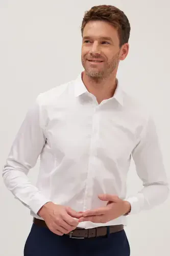 Erkaklar uchun Slim Fit uzun yengli 100% paxta Premium seri oq ko'ylak - 5