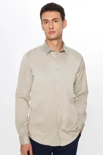 Erkaklar uchun Slim Fit uzun yengli paxta atlasli tosh rangli ko'ylak - TUDORS (1)