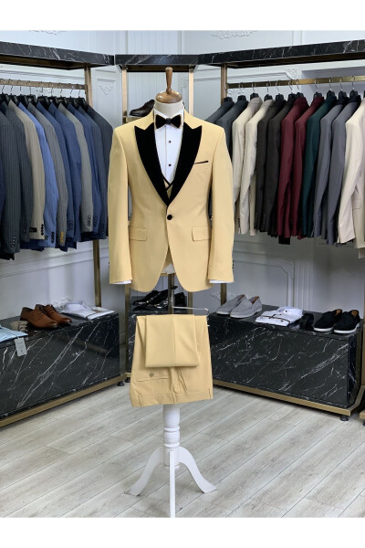 Erkaklar uchun smokin to'y liboslari qaldirg'ochli baxmal yoqali italyancha uslubdagi Slim Fit kurtka, jilet, shim, galstuk-kamon - sariq - 10
