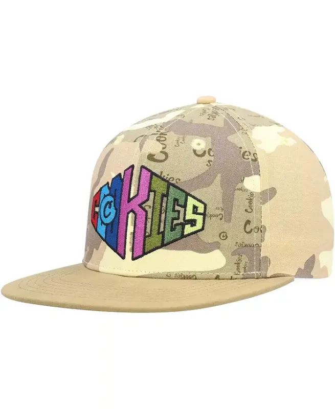 Erkaklar uchun Tan, Camo Across the Board Snapback kepkasi-Tan, Camo - COOKIES