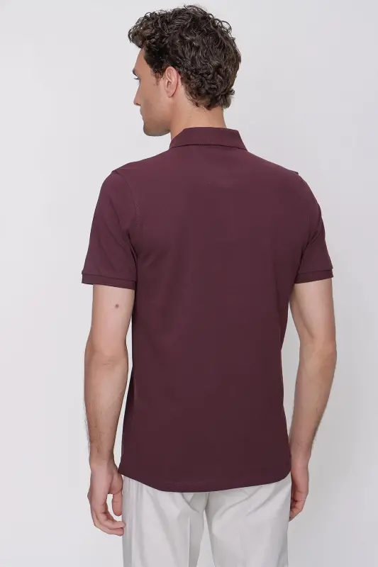 Erkaklar uchun to‘q binafsha rangli, asosiy, tekis, 100% paxtadan, slim fit, tor bichimli, kalta yengli, polo yoqali futbolka - 7