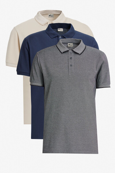 Erkaklar uchun to'q ko'k-och bej oq-och qora 3 ta cho'zilmaydigan paxta Slim Fit burushmaydigan polo yoqali futbolka 