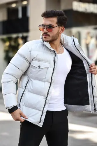 Erkaklar uchun tosh rangli regular fit tik yoqali suv va shamol o‘tkazmaydigan qavargan kurtka - TOSH - BS BLACK SMOKİN (1)