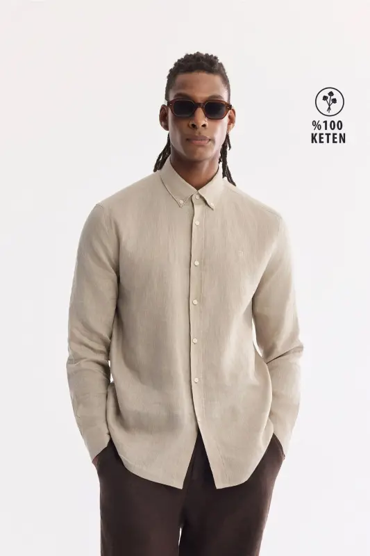 Erkaklar uchun tosh rangli tugmali yoqali 100% zigʻir matoli Comfort Fit koʻylak B002191 - Tosh - 1