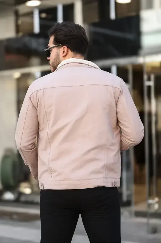 Erkaklar uchun trenddagi qishki ichi mo'ynali jinsi kurtka Bej-BEJ - 4