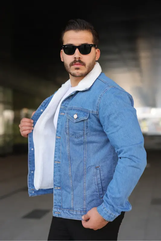 Erkaklar uchun trenddagi qishki ichi mo'ynali jinsi kurtka muz ko'k-KO'K - COMSTAR