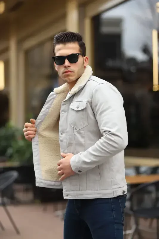 Erkaklar uchun trenddagi qishki ichki mo'ynali jinsi kurtka bej Tosh-Tosh - 3