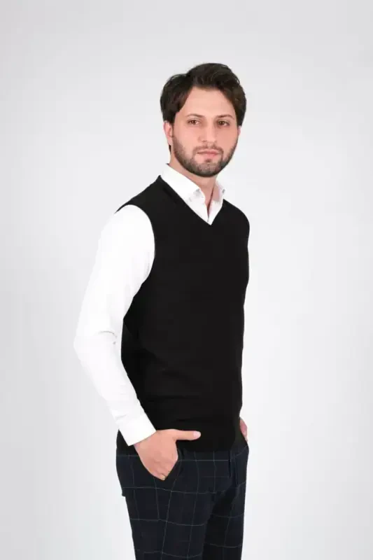 Erkaklar uchun trikotaj sviter V-bo'yinli bir rangli belga elastik qishki to'qima - 1