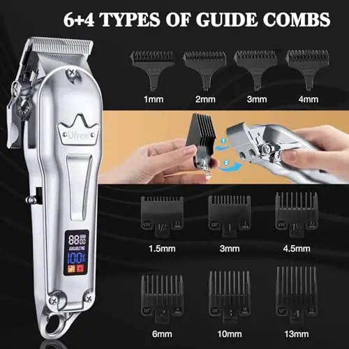 Erkaklar uchun Ufree Professional Hair Clippers, Simsiz Metall Berber Mashinkasi va Trimmerlar to'plami, LCD displeyli soch qirqish uchun mashinkalar, Soqol va sochlarni qirqish uchun to'liq sozlanuvchi T pichog'i, Erkaklar uchun sovg'alar, kumush - 5