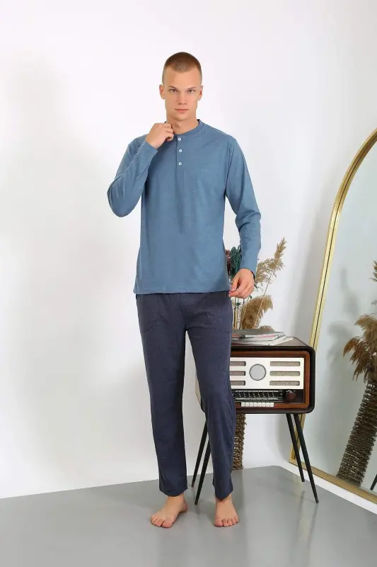Erkaklar uchun uzoq yengli paxta pijama to‘plami 6860 Indigo - 3