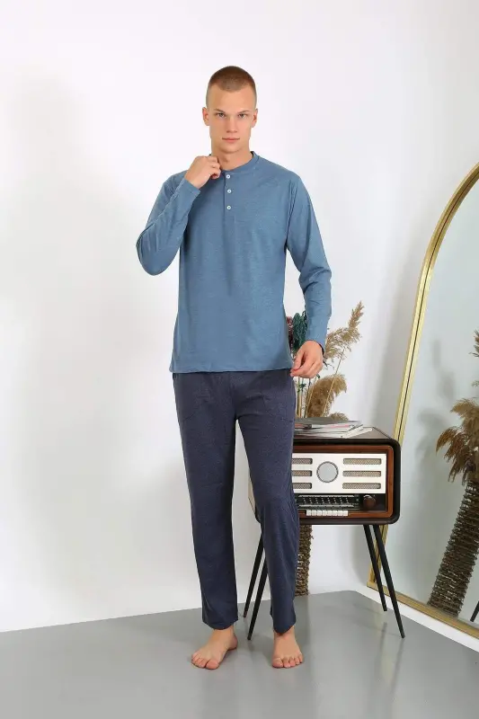 Erkaklar uchun uzoq yengli paxta pijama to‘plami 6860 Indigo - 8