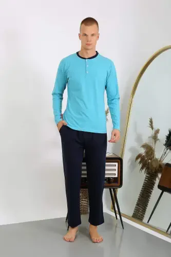 Erkaklar uchun uzun qo'lli Paxta pijama 6860 Firuza rangli - 3