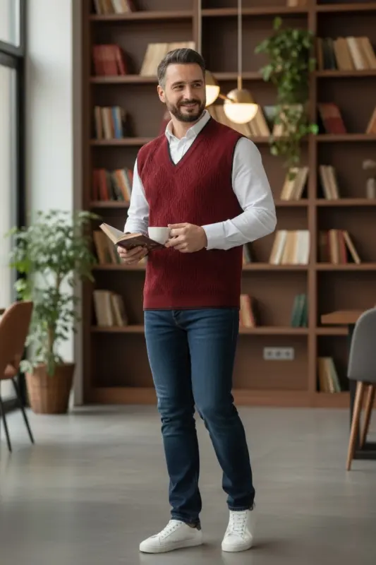 Erkaklar uchun V bo'yinli trikotaj, tüylenmeyen, Regular Fit, soch to'quv Linyis naqshli sviter - 3