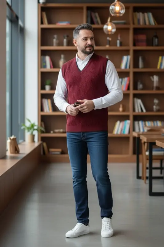 Erkaklar uchun V bo'yinli trikotaj, tüylenmeyen, Regular Fit, soch to'quv Linyis naqshli sviter - 5