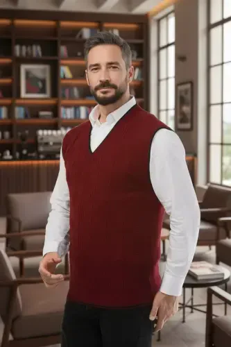 Erkaklar uchun V bo'yinli trikotaj, tüylenmeyen, Regular Fit, soch to'quv Linyis naqshli sviter - 1